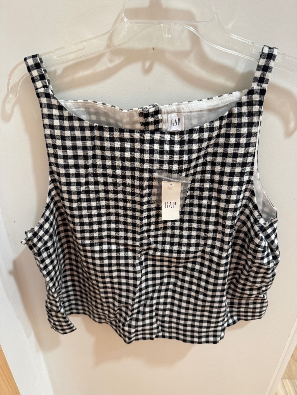 GAP Black and White Gingham Tank Top linen button back sz large NWT